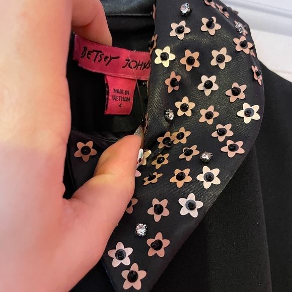 Betsey Johnson Rhinestone Flower Collared Black Dress - Picture 3 of 7